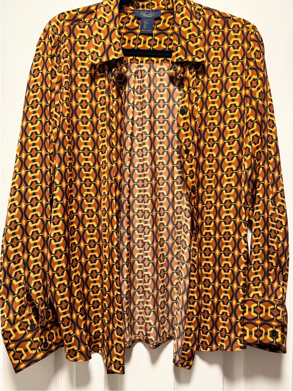 RACHEL Rachel Roy Geometric Button-Down Shirt in Cognac and Yellow - Size L
